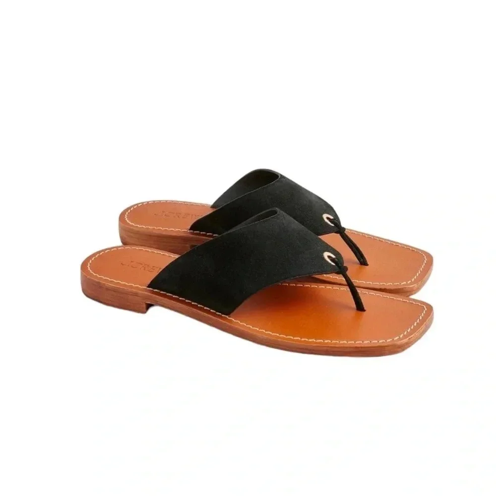 J. Crew Suede Thong Leather Sandals Black Size 9